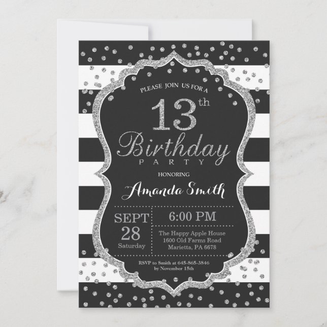 13th Birthday Invitation. Black and Silver Glitter Invitation (Front)
