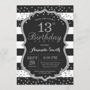 13th Birthday Invitation. Black and Silver Glitter Invitation