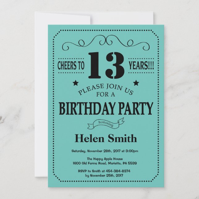 13th Birthday Invitation Black and Teal (Front)