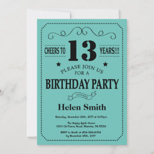 13th Birthday Invitation Black and Teal