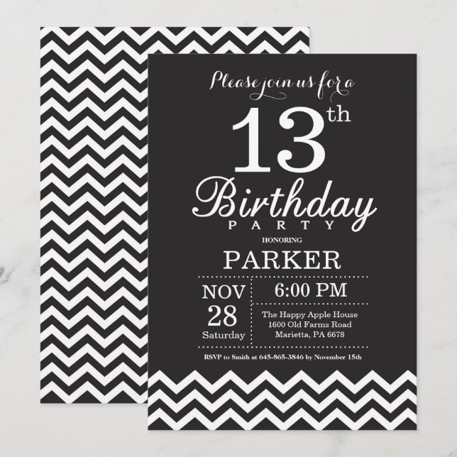 13th Birthday Invitation Black and White Chevron (Front/Back)