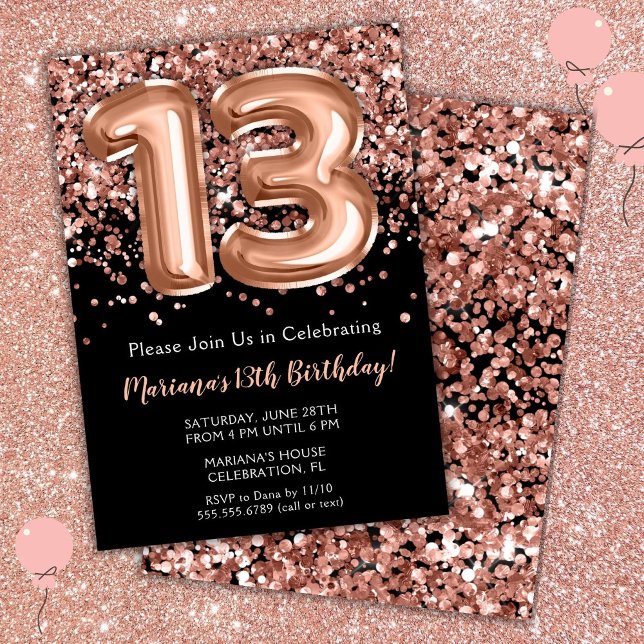 13th Birthday Invitation Black Rose Gold Glitter (Creator Uploaded)
