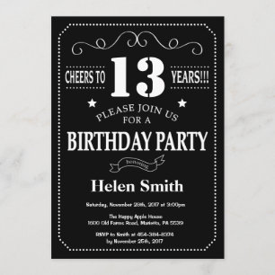 13th Birthday Invitation Black White Chalkboard