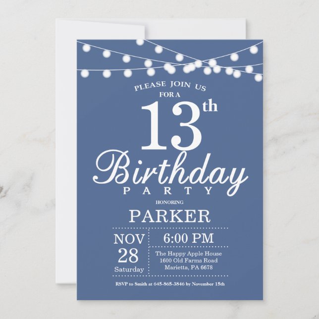 13th Birthday Invitation Blue (Front)