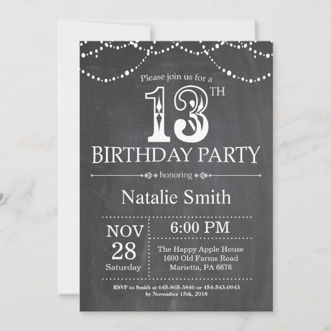 13th Birthday Invitation Chalkboard String Lights (Front)