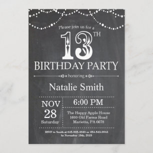 13th Birthday Invitation Chalkboard String Lights