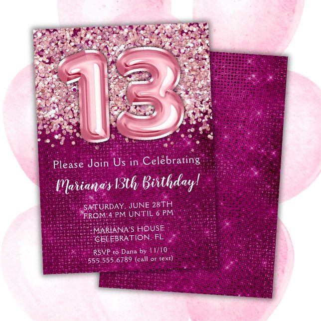 13th Birthday Invitation Girl Magenta Pink Glitter (Creator Uploaded)