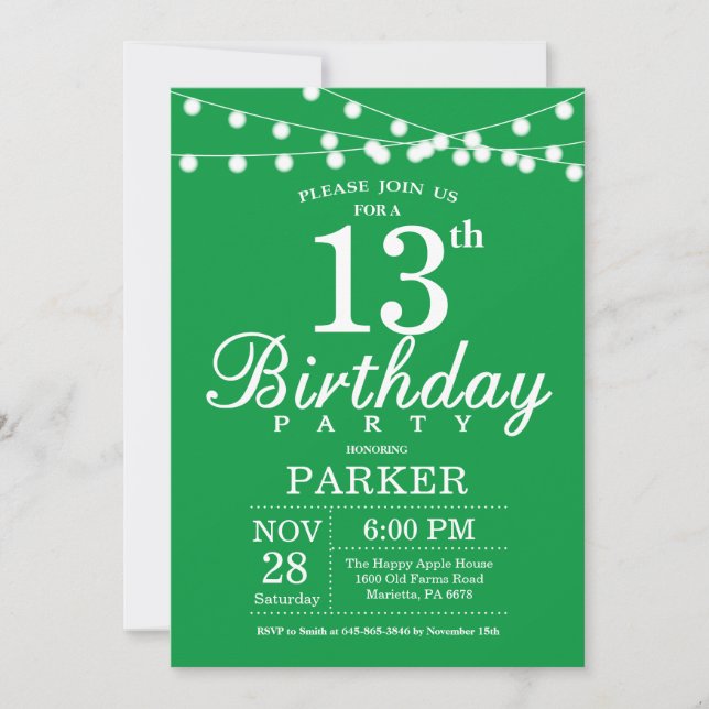 13th Birthday Invitation Green (Front)