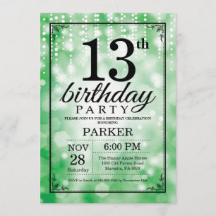 13th Birthday Invitation Green Glitter