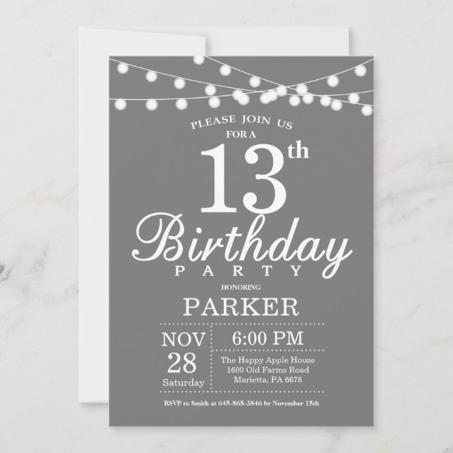 13th Birthday Invitation Grey and White (Front)