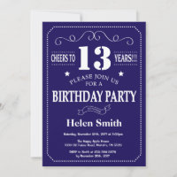 13th Birthday Invitation Navy Blue and White