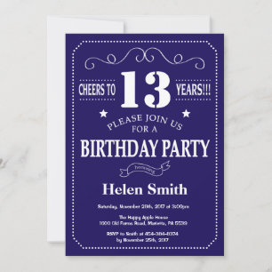 13th Birthday Invitation Navy Blue and White