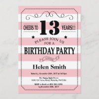 13th Birthday Invitation Pink and White Stripes
