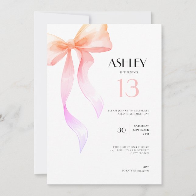 13th Birthday Invitation Pink Bow for Girls (Front)