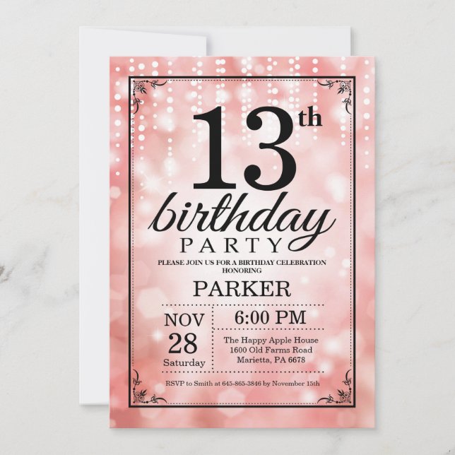 13th Birthday Invitation Pink Glitter (Front)