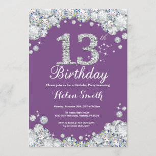 13th Birthday Invitation Purple and Silver Diamond