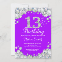 13th Birthday Invitation Purple and Silver Diamond