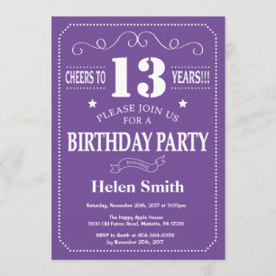 13th Birthday Invitation Purple and White