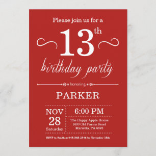 13th Birthday Invitation Red