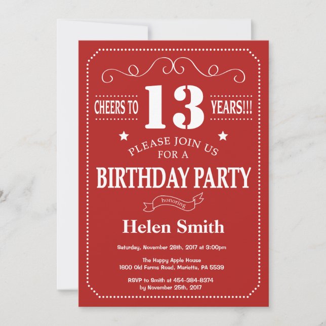 13th Birthday Invitation Red and White (Front)