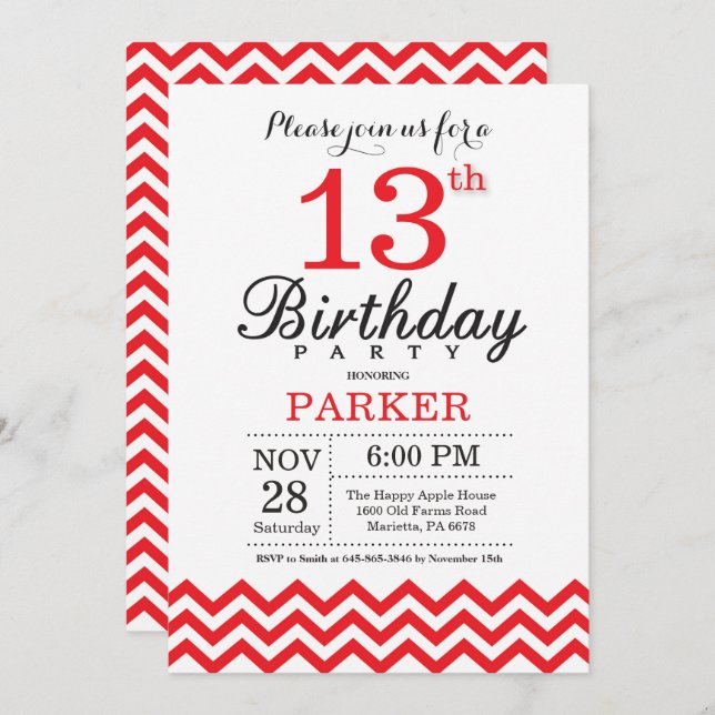 13th Birthday Invitation Red Chevron (Front/Back)