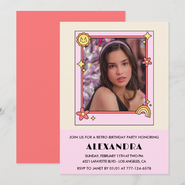 13th birthday invitation Retro Groovy Pink Floral (Front/Back)