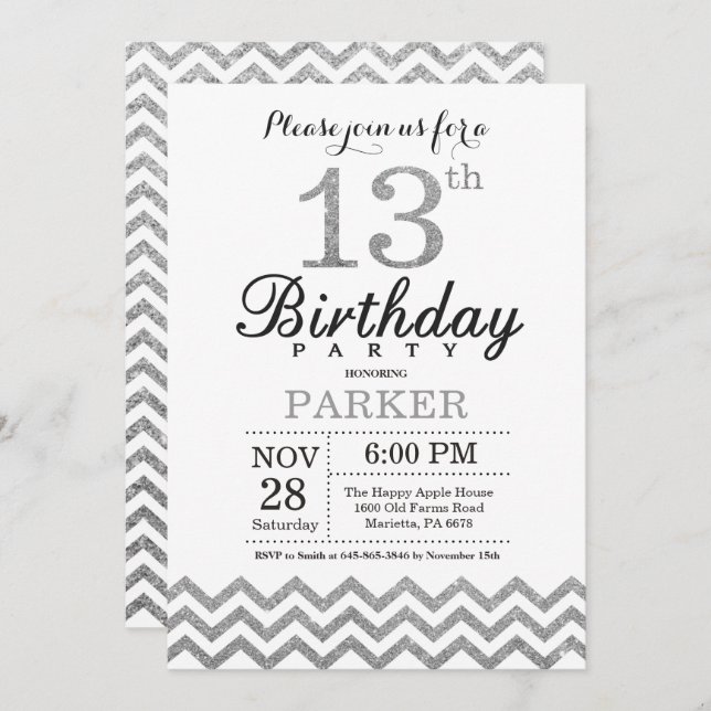 13th Birthday Invitation Silver Glitter (Front/Back)