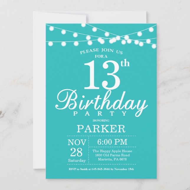 13th Birthday Invitation Teal Aqua Turquoise (Front)