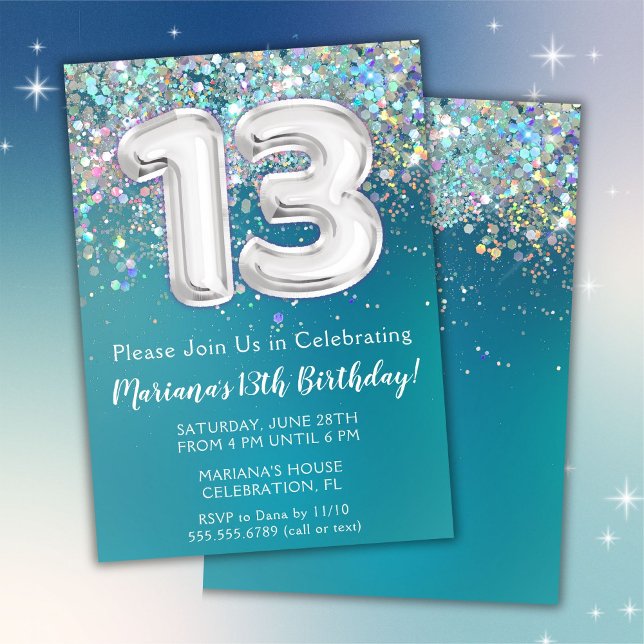 13th Birthday Invitation Teal Silver Glitter (Creator Uploaded)