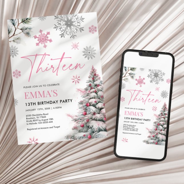 13th Birthday Invitation, Thirteen Birthday Pink Invitation (Creator Uploaded)