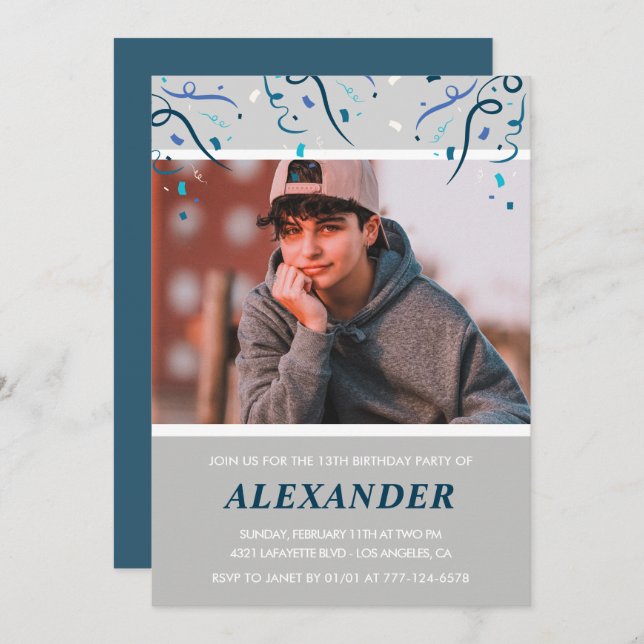 13th birthday invitations boy Confetti Photo Blue (Front/Back)