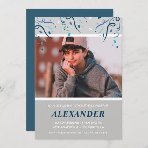 13th birthday invitations boy Confetti Photo Blue
