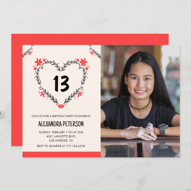 13th birthday invitations for her Floral Heart (Front/Back)