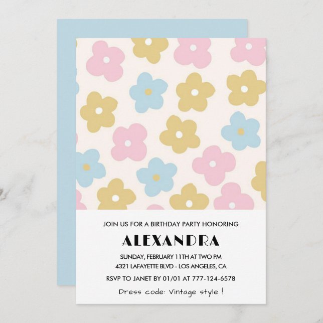 13th birthday invitations Retro Blue Pink Floral (Front/Back)