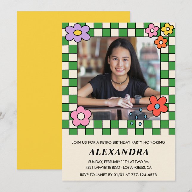 13th birthday invitations Retro Groovy Flowers (Front/Back)