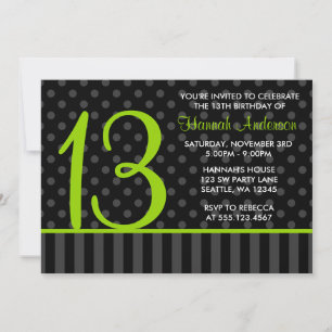13th Birthday Lime Green Black Polka Dot Stripes Invitation