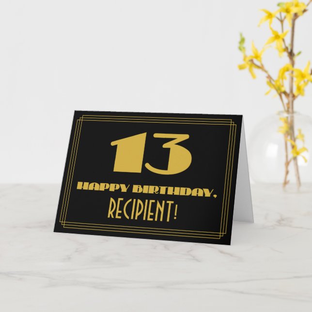 13th Birthday: Name + Art Deco Inspired Look "13" Card (Yellow Flower)