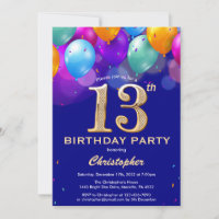 13th Birthday Navy Blue and Gold Colourful Balloon