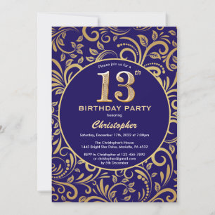 13th Birthday Navy Blue and Gold Floral Pattern Invitation