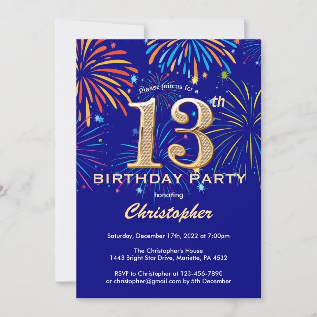 13th Birthday Navy Blue and Gold Rainbow Fireworks Invitation (Front)