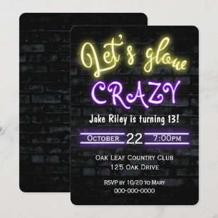 13th Birthday Neon Glow Sign on Brick Wall Invitation