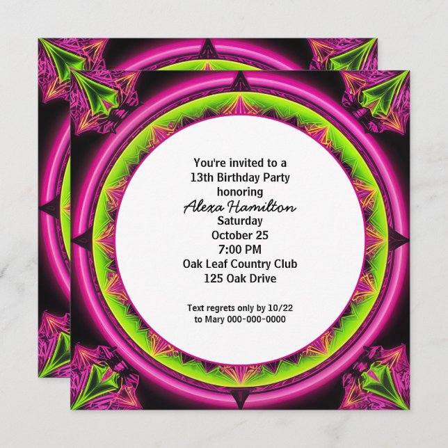 13th Birthday Neon Kaleidoscope  Invitation (Front/Back)