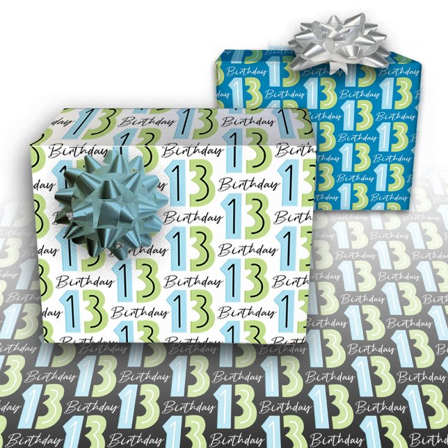 13th Birthday Numbers Green Blue Wrapping Paper Sheet (Creator Uploaded)