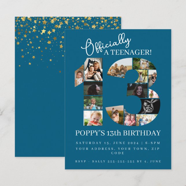 13th birthday officially a teenager photo collage invitation postcard (Front/Back)