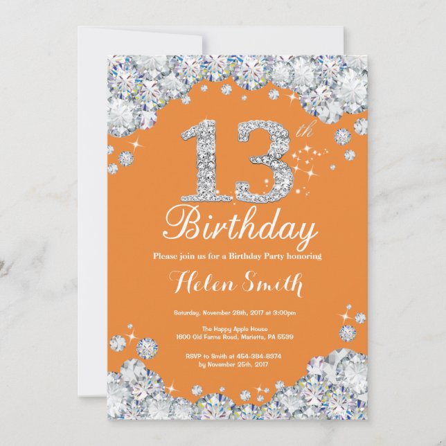 13th Birthday Orange and Silver Diamond Invitation (Front)