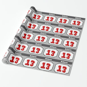13th Birthday Ornate Frame for Him RED GRAY R13A Wrapping Paper
