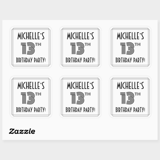 13th Birthday Party: Art Deco Style + Custom Name Square Sticker (Sheet)