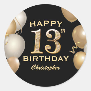 13th Birthday Party Black and Gold Balloons Classic Round Sticker