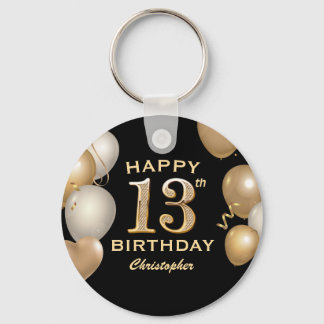 13th Birthday Party Black and Gold Balloons Key Ring
