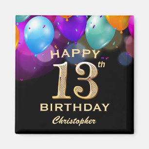 13th Birthday Party Black and Gold Balloons Magnet